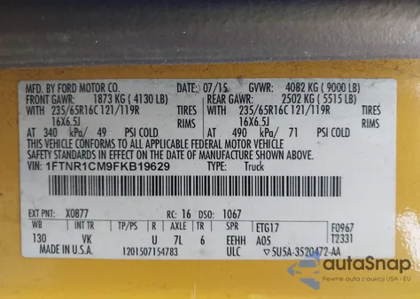 2015 Ford Transit-250 z USA, uszkodzony, nr VIN 1FTNR1CM9FKB19629